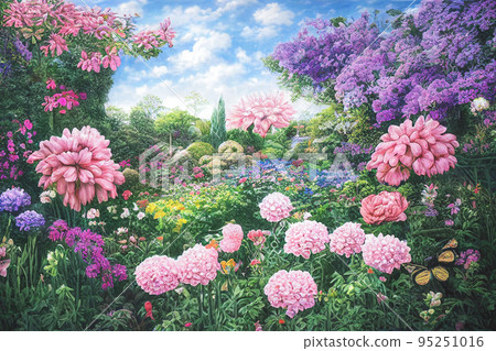 Park along the spring path through lovely garden landscape. Floral background in spring landscape 95251016