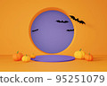3D rendering purple product display stand with pumpkins and flying bats on orange background. Happy Halloween theme. 95251079