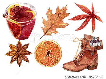 Watercolor clipart cozy autumn. Autumn mood illustrations on white background. Autumn leaves, mulled wine, home decor, dried fruit, boots. 95252135