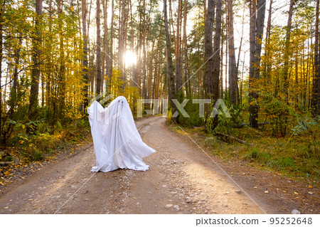 A child in sheets with cutout for eyes like a ghost costume in an autumn forest scares and terrifies. A kind little funny ghost. Halloween Party A child in sheets with cutout for eyes like a ghost costume in an autumn forest scares and terrifies. A kind little funny ghost. Halloween Party 95252648