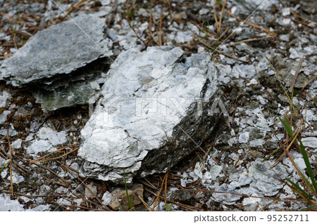 Macro photography of unprocessed pieces of mica minerals in a natural deposit. 95252711