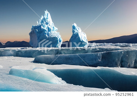 A sunny day in cold Antarctica. Antarctic icebergs. Reflection of icebergs in clear deep transparent water. 3D rendering A sunny day in cold Antarctica. Antarctic icebergs. Reflection of icebergs in clear deep transparent water. 3D rendering 95252961