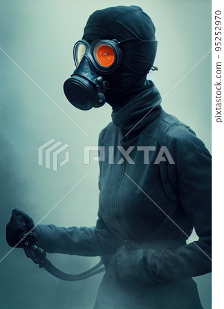 A stalker survivor in protective clothing and an gas mask. Survivor of nuclear war. 3d rendering 95252970