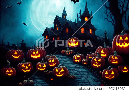 A dramatic, mystical Halloween backdrop. A full moon shines in the sky, a flock of bats flies in the dark sky. Near the castle lie pumpkins with candles. 3D render 95252981