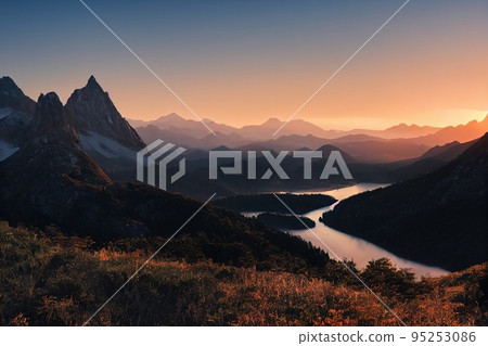 Beautiful ancient mountains at dawn, in the morning sunlight and in the fog. 3D rendering. Beautiful ancient mountains at dawn, in the morning sunlight and in the fog. 3D rendering. 95253086