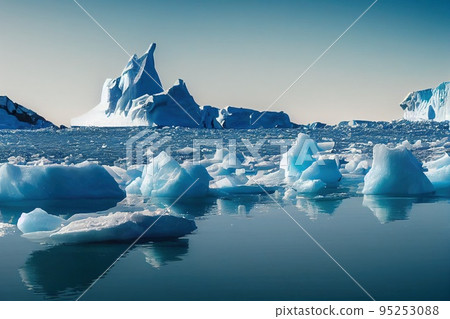 A sunny day in cold Antarctica. Antarctic icebergs. Reflection of icebergs in clear deep transparent water. 3D rendering A sunny day in cold Antarctica. Antarctic icebergs. Reflection of icebergs in clear deep transparent water. 3D rendering 95253088
