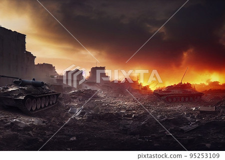 Battlefield with broken tanks from World War II. Destroyed equipment, dust and piles of debris. 3D rendering 95253109