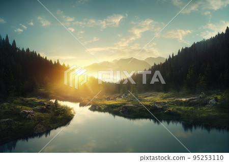 Beautiful ancient mountains at sunrise, in the evening sunlight and in the fog. 3D rendering. 95253110