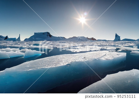 A sunny day in cold Antarctica. Antarctic icebergs. Reflection of icebergs in clear deep transparent water. 3D rendering A sunny day in cold Antarctica. Antarctic icebergs. Reflection of icebergs in clear deep transparent water. 3D rendering 95253111