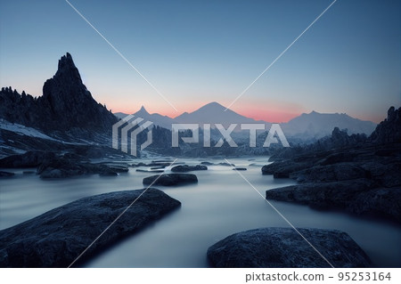 Beautiful ancient mountains at dawn, in the morning sunlight and in the fog. 3D rendering. 95253164