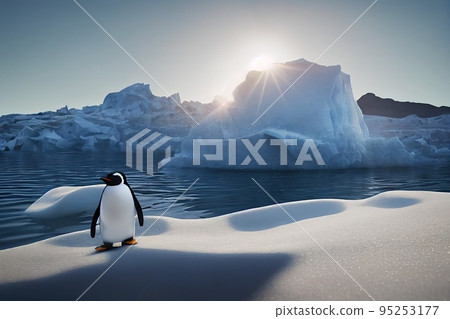 Emperor penguins on the ice in the Antarctic. Cold Antarctic and ice blocks. 3D rendering 95253177