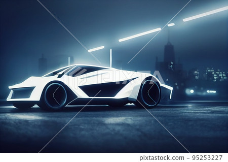 Image of a futuristic car against the backdrop of the city of the future. Concept of the car of the future. 3D rendering 95253227