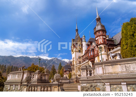 Peles castle tower and mountains, Sinaia, Romania 95253243