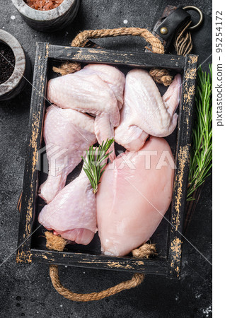 Fresh raw chicken meat and chicken parts - drumstick, breast fillet, wing, thigh. Black background. Top view 95254172