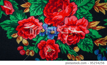 Colorful ukrainian head scarf close-up design details. Flowers, floral, ancient traditional Colorful ukrainian head scarf close-up design details. Flowers, floral, ancient traditional 95254256