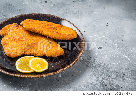 Roasted breaded german weiner schnitzel on a plate. Gray background. Top view. Copy space 95254475