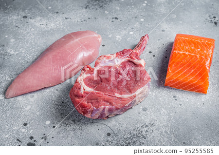 Set of raw meat steaks salmon, beef veal and turkey on a kitchen table. Gray background. Top view 95255585