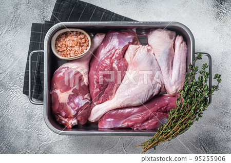 Raw duck parts, fresh breast fillet, legs, wings in a kitchen tray. White background. Top view 95255906