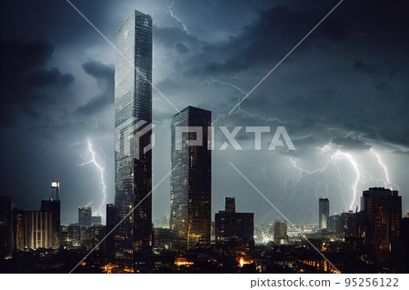 Huge lightnings over a major modern metropolis. A night storm over the city. 3D rendering 95256122