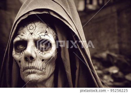 A horrible ancient skeleton with nightmarish makeup. 3D rendering. 95256225
