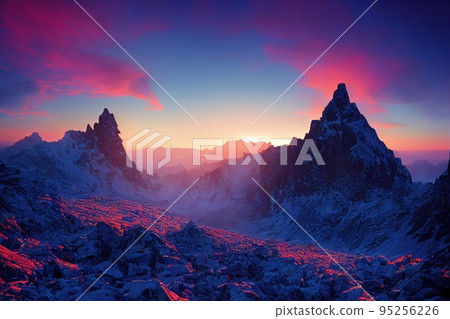 Beautiful ancient mountains at dawn, in the morning sunlight and in the fog. 3D rendering. 95256226