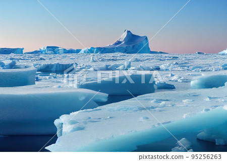 A sunny day in cold Antarctica. Antarctic icebergs. Reflection of icebergs in clear deep transparent water. 3D rendering 95256263
