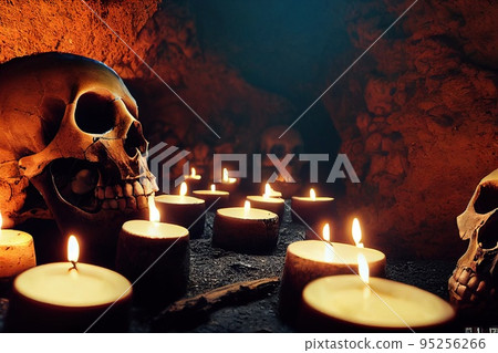 Creepy ancient cave with burning candles and skulls. An old abandoned grotto with bones. 3D rendering. 95256266