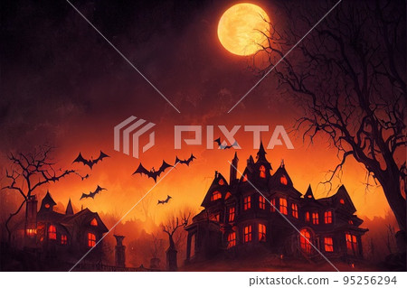 A dramatic, mystical Halloween backdrop. A full moon shines in the sky, a flock of bats flies in the dark sky. 3D render A dramatic, mystical Halloween backdrop. A full moon shines in the sky, a flock of bats flies in the dark sky. 3D render 95256294