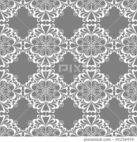 seamless graphic pattern, floral white ornament tile on gray background, texture, design 95256454
