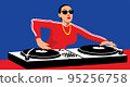 Dj in club. Young girl teen cartoon character standing and making musical mix with special equipment vector illustration 95256758