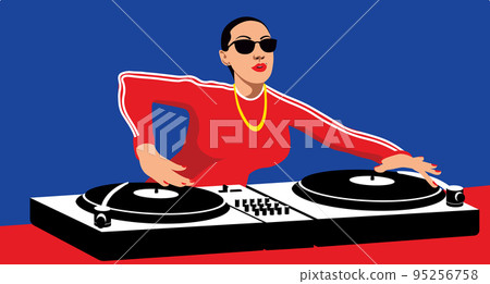 Dj in club. Young girl teen cartoon character standing and making musical mix with special equipment vector illustration 95256758
