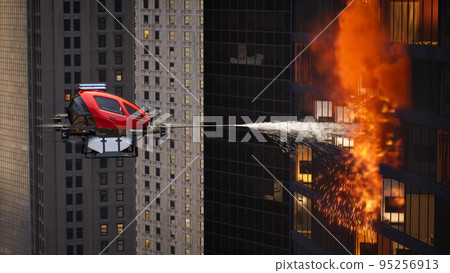 Autonomous driverless aerial vehicle spraying foam for extinguish the fire, Smart 5G technology firefighting drone concept, 3d render 95256913