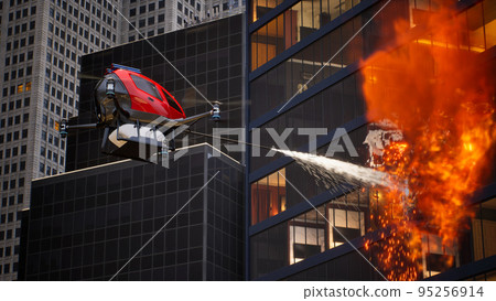 Autonomous driverless aerial vehicle spraying foam for extinguish the fire, Smart 5G technology firefighting drone concept, 3d render 95256914