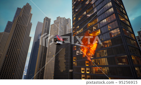Autonomous driverless aerial vehicle spraying foam for extinguish the fire, Smart 5G technology firefighting drone concept, 3d render 95256915