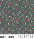New Year's dark-green pattern with branches and branches, watercolor 95257026
