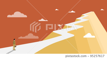 Man On A Mountain Drawing Proud Of His Climbing Success To The Clouds. Athlete On A Cliff Celebrating Achievement Ascending To The Top. Sports Guy Reaching The Sky. 95257617