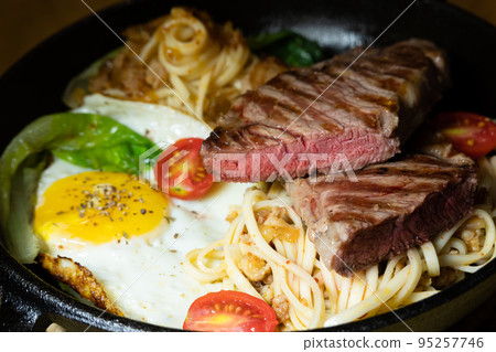 sliced steak with fried noodles sliced steak with fried noodles 95257746