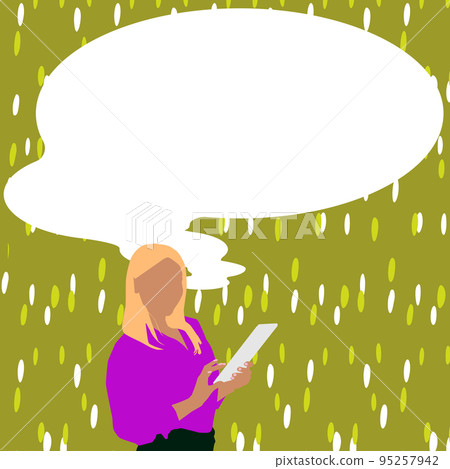 Presenter With Conversation Bubble Showing New Announcement. Colleague Speech Balloon Presenting Fresh And Important News Messages. Presenter With Conversation Bubble Showing New Announcement. Colleague Speech Balloon Presenting Fresh And Important News Messages. 95257942