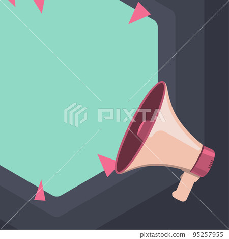 Megaphone Drawing With Conversation Bubble Showing New Announcement. Bullhorn Voice Device With Speech Balloon Presenting Fresh And Important News Messages. 95257955