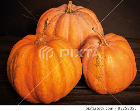 Three ripe orange pumpkins on a black background. Harvest, pumpkins. 95258053
