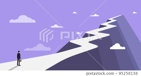 Man On A Mountain Drawing Proud Of His Climbing Success To The Clouds. Athlete On A Cliff Celebrating Achievement Ascending To The Top. Sports Guy Reaching The Sky. 95258138
