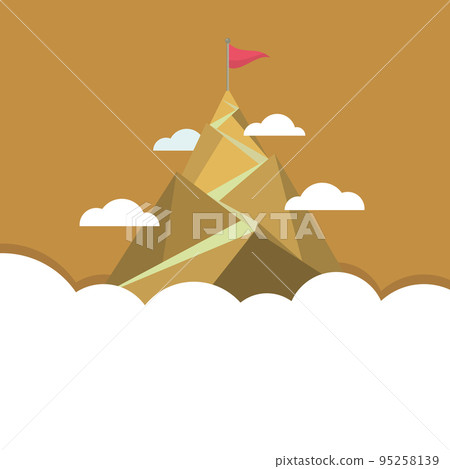 Man On A Mountain Drawing Proud Of His Climbing Success To The Clouds. Athlete On A Cliff Celebrating Achievement Ascending To The Top. Sports Guy Reaching The Sky. 95258139