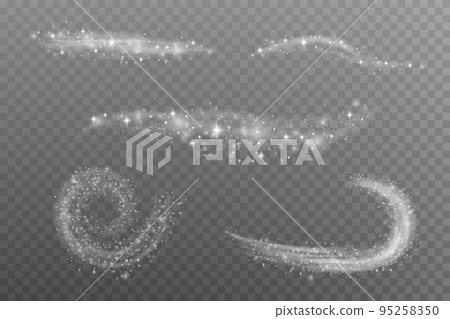 White png dust light. Bokeh light lights effect background. Christmas background of shining dust Christmas glowing light bokeh confetti and spark overlay texture for your design. 95258350