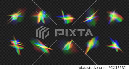 Crystal and jewelry, prism, glare. Rainbow glowing sparkles vector set.Realistic diamond reflection, rainbow light optical effect Colorful collection, bright spectrum glow rays. 95258381