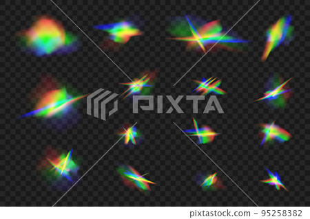 Crystal and jewelry, prism, glare. Rainbow glowing sparkles vector set.Realistic diamond reflection, rainbow light optical effect Colorful collection, bright spectrum glow rays. Crystal and jewelry, prism, glare. Rainbow glowing sparkles vector set.Realistic diamond reflection, rainbow light optical effect Colorful collection, bright spectrum glow rays. 95258382