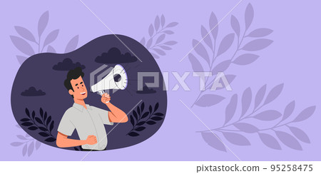 Man Drawing Sharing Positive Comments And Good Reactions Through Megaman. Smart Man Drawing Distributing Wonderful Review Over A Bullhorn. 95258475