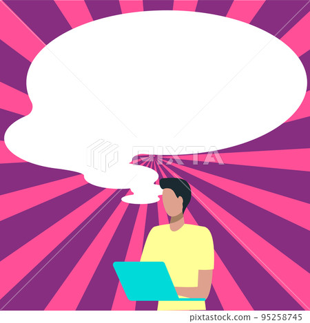 Presenter With Conversation Bubble Showing New Announcement. Colleague Speech Balloon Presenting Fresh And Important News Messages. Presenter With Conversation Bubble Showing New Announcement. Colleague Speech Balloon Presenting Fresh And Important News Messages. 95258745