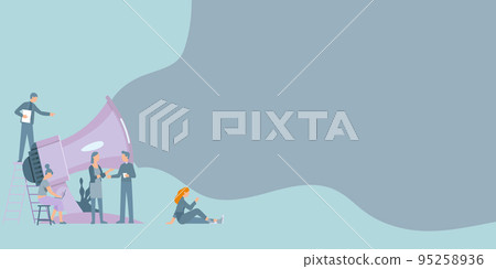 Group Of People Drawing Holding Their Megaphones Talking And Sharing Idea With Each Other To Chat Cloud. Mob Line Drawing Making New Announcement At One Another. 95258936
