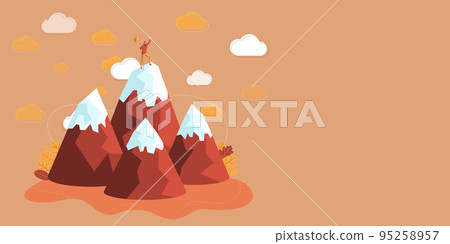Man On A Mountain Drawing Proud Of His Climbing Success To The Clouds. Athlete On A Cliff Celebrating Achievement Ascending To The Top. Sports Guy Reaching The Sky. 95258957