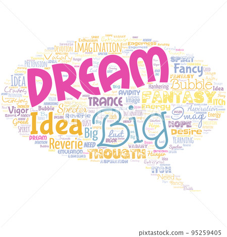 Big word cloud in the shape of speech bubble with words dream big. To think of something high value that you want to achieve. Using imagination. Big word cloud in the shape of speech bubble with words dream big. To think of something high value that you want to achieve. Using imagination. 95259405